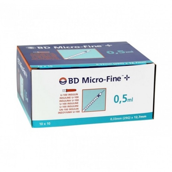 Инсулинови игли  със спинцовка, BD Micro-fine 0,5ml Insulin Syringe and needle 29G 0,33x12,7mm 100 pcs