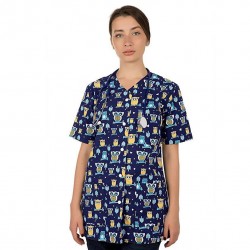 Medical Blouse Carina Owls for Women in Blue with Buttons B-Well 401560