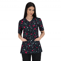 Medical Blouse Carina Black Hearts with Buttons B-Well 401569